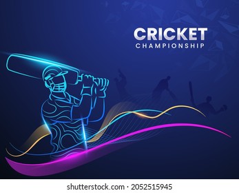 Concepto De Campeonato De Cricket Con El Jugador Bateador De Estilo Lineal, Efecto Ligero Y Olas Abstractas Sobre El Fondo Del Elemento Triángulo Azul.