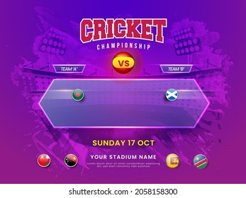 Cricket Championship Concept With Participating Countries Flag Badge And Bangladesh VS Scotland Highlighted On Purple Brush Stroke Stadium Background.