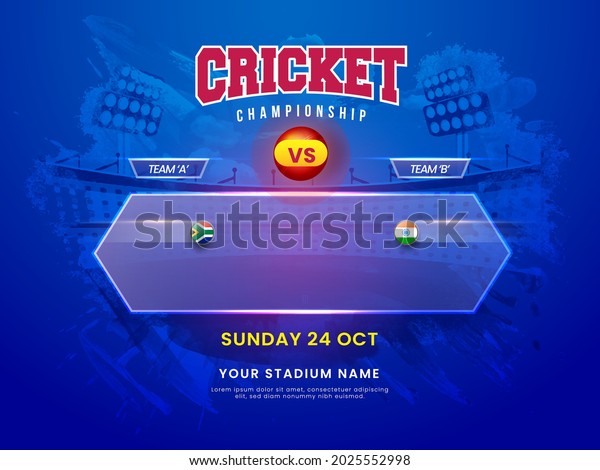 Cricket\
Championship Concept With Participating Team South Africa VS India\
On Blue Brush Stroke Stadium\
Background.