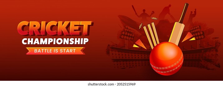 Cricket Championship Concept With Realistic Red Ball Hits Stumps, Bat And Silhouette Players On Red Brush Effect Stadium Background.