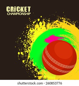 Cricket Championship concept with red ball on colorful splash background.