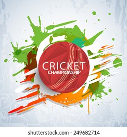 Cricket Championship concept with red stylish ball on colorful splash background.