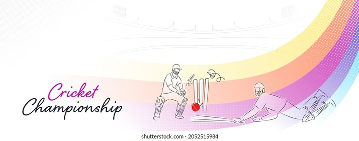 Cricket Championship Concept With Run Out Batsman And Wicket Keeper Player And Colorful Striped Wave On White Stadium Background.