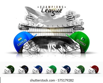 Cricket championship concept with showing match schedule of India v/s Pakistan, cricket attire helmet.