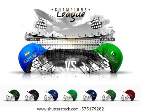 Cricket championship concept with showing match schedule of India v/s Pakistan, cricket attire helmet.