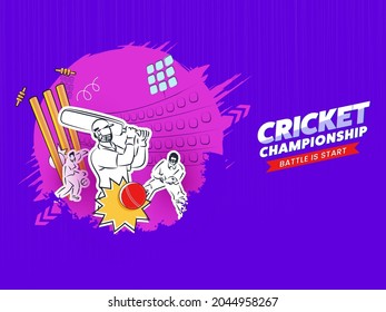 Cricket Championship Concept With Sticker Style Cricketer Player And Pink Brush Effect On Violet Background.