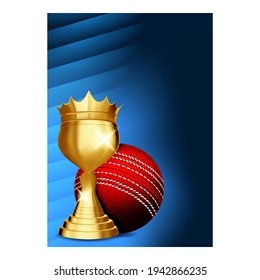 Cricket Championship Cup Brochure Banner Vector. Cricket Ball And Bat, Stumps And Golden Award For Winner Team. Fitness Athletic Professional Game Promotion Announce Concept Layout Illustration