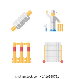 Cricket championship flat design long shadow color icons set. Sport competition. Bail, stumps, sight screen, umpire. Sporting gear, judge. Club tournament. Team battle. Vector silhouette illustrations