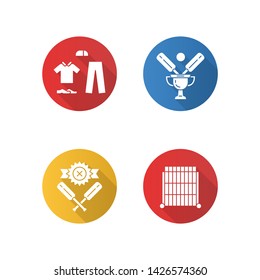 Cricket championship flat design long shadow glyph icons set. Sport tournament. Uniform, champion cup, defeat, sight screen. League competition. Sport contest. Vector silhouette illustration