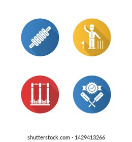 Cricket championship flat design long shadow glyph icons set. Sport competition. Bail, stumps, win, umpire. Sporting gear, judge, victory. Athletic activity. Vector silhouette illustration