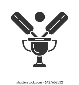 Cricket championship glyph icon. Sport competition. Tournament winner trophy. Champion cup, bat, ball. Game result. League competition. Silhouette symbol. Negative space. Vector isolated illustration