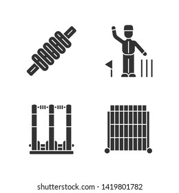 Cricket championship glyph icons set. Sport competition. Bail, stumps, sight screen, umpire. Sporting gear, judge. Club tournament. Team battle. Silhouette symbols. Vector isolated illustration