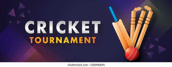 Cricket Championship header or banner with close-up look of a stumps, bat and ball. 