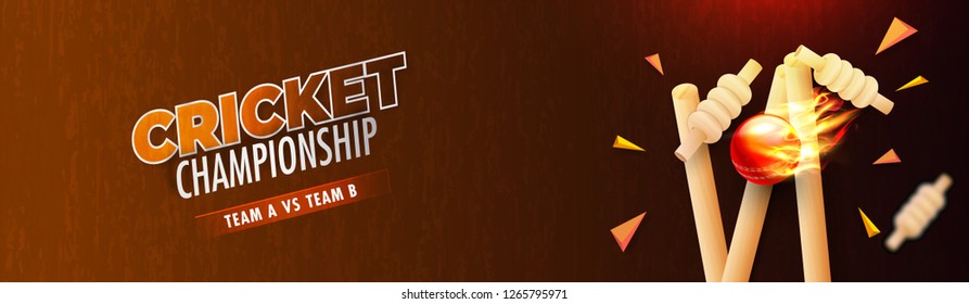 Cricket Championship header or banner design with illustration of realistic fiery ball hitting wicket stumps on glossy brown background.
