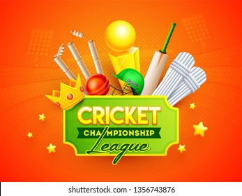 Cricket Championship League banner or poster design, illustration of cricket equipment, winning trophy and crown on orange shiny background.