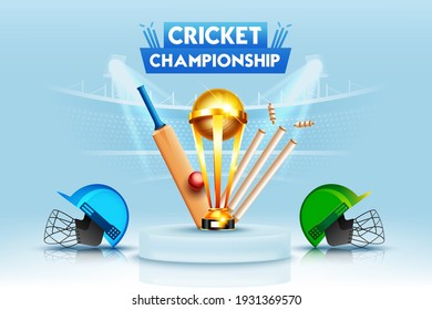 Cricket championship league concept with 2 teams match poster or banner, cricket bat, ball, stump, helmet with winning cup trophy.