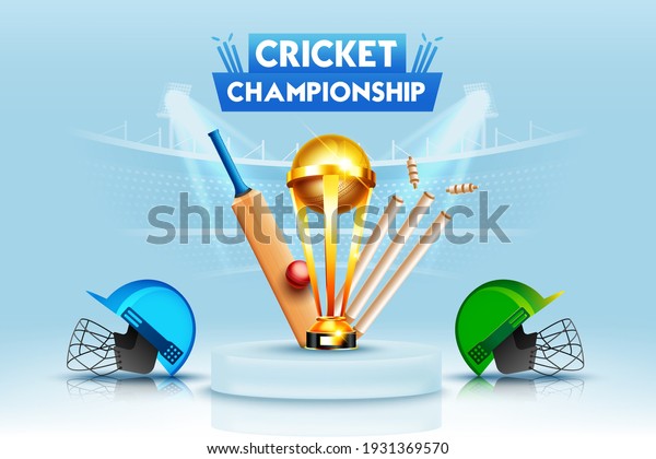 Cricket championship league concept with 2 teams\
match poster or banner, cricket bat, ball, stump, helmet with\
winning cup trophy.