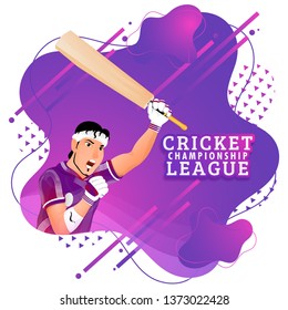 Cricket Championship League concept based design with cricket batsman in winner posing on abstract background.