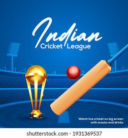 Cricket championship league concept with cricket bat, ball and winning cup trophy poster or banner on blue cricket stadium background