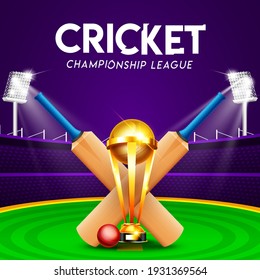 Cricket championship league concept with cricket bat, ball and winning cup trophy for poster or banner