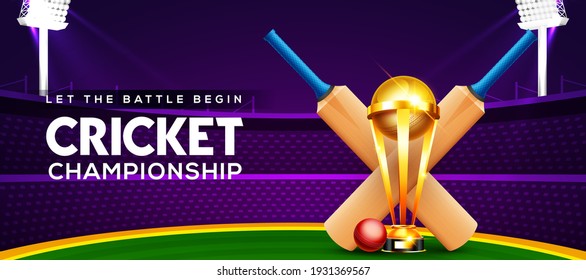 Cricket championship league concept with cricket bat, ball and winning cup trophy for poster or banner on cricket stadium