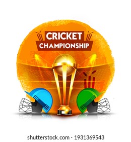 Cricket championship league concept with cricket helmet and winning cup trophy for poster or banner on abstract stroke background