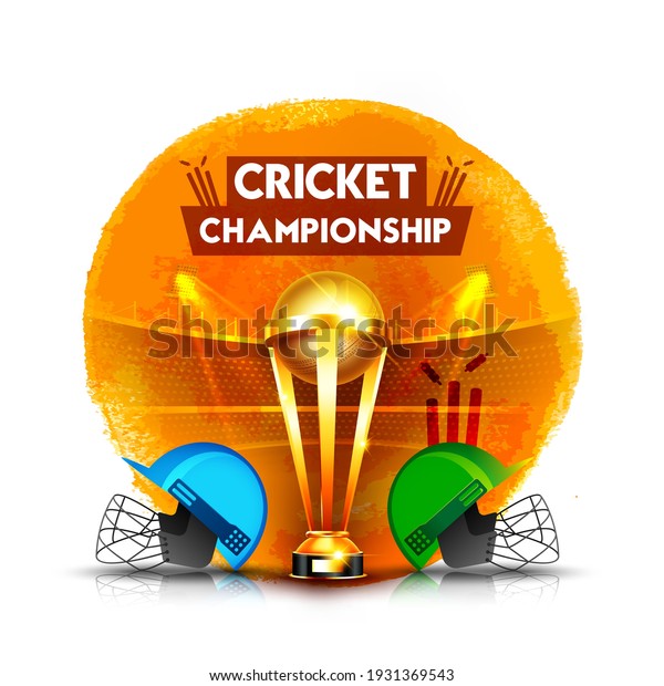 Cricket championship league concept with
cricket helmet and winning cup trophy for poster or banner on
abstract stroke
background