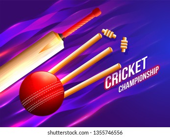 Cricket championship league concept with illustration of realistic red glossy ball, bat and stumps on abstract purple background.