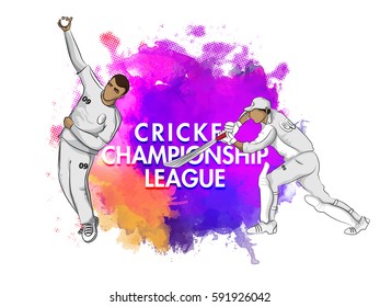Cricket Championship League concept with illustration of batsman and bowler in playing action on abstract colorful background.