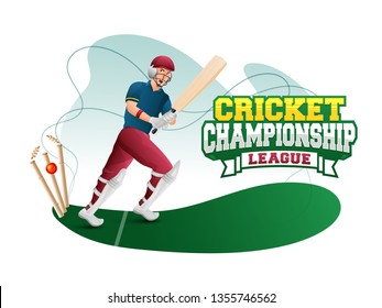 Cricket Championship league poster or banner design with illustration of batsman on stadium pitch.