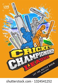 Cricket Championship League poster design with illustration of batsman in playing action on yellow abstract background.