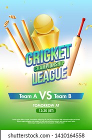 Cricket championship league template with match between Team A Vs Team B. Golden winning trophy and cricket equipment on green background with day and time text..