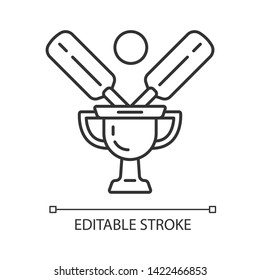Cricket championship linear icon. Sport competition. Tournament winner trophy. Champion cup, bat, ball. Thin line illustration. Contour symbol. Vector isolated outline drawing. Editable stroke