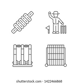 Cricket championship linear icons set. Sport competition. Bail, stumps, sight screen, umpire. Sporting gear, judge. Thin line contour symbols. Isolated vector outline illustrations. Editable stroke