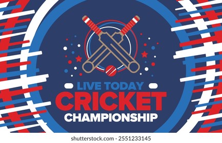 Cricket Championship. Match Day. Cricket bat and cricket ball. Tournament play-off and final. Sport game, professional competition. Play for win. Cricket match score. Fitness and recreation poster