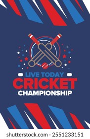 Cricket Championship. Match Day. Cricket bat and cricket ball. Tournament play-off and final. Sport game, professional competition. Play for win. Cricket match score. Fitness and recreation poster