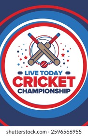 Cricket Championship. Match Day. Cricket bat and cricket ball. Tournament play-off and final. Sport game, professional competition. Play for win. Cricket match score. Fitness and recreation poster