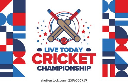 Cricket Championship. Match Day. Cricket bat and cricket ball. Tournament play-off and final. Sport game, professional competition. Play for win. Cricket match score. Fitness and recreation poster