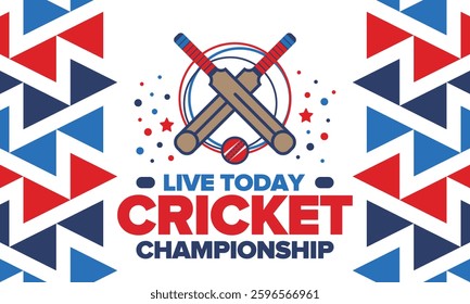 Cricket Championship. Match Day. Cricket bat and cricket ball. Tournament play-off and final. Sport game, professional competition. Play for win. Cricket match score. Fitness and recreation poster