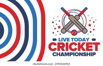 Cricket Championship. Match Day. Cricket bat and cricket ball. Tournament play-off and final. Sport game, professional competition. Play for win. Cricket match score. Fitness and recreation poster