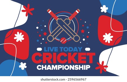 Cricket Championship. Match Day. Cricket bat and cricket ball. Tournament play-off and final. Sport game, professional competition. Play for win. Cricket match score. Fitness and recreation poster