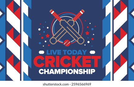 Cricket Championship. Match Day. Cricket bat and cricket ball. Tournament play-off and final. Sport game, professional competition. Play for win. Cricket match score. Fitness and recreation poster