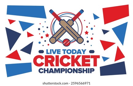 Cricket Championship. Match Day. Cricket bat and cricket ball. Tournament play-off and final. Sport game, professional competition. Play for win. Cricket match score. Fitness and recreation poster