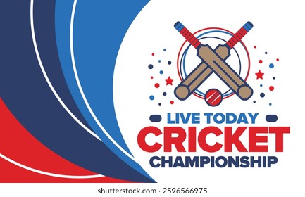 Cricket Championship. Match Day. Cricket bat and cricket ball. Tournament play-off and final. Sport game, professional competition. Play for win. Cricket match score. Fitness and recreation poster