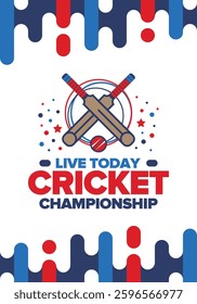 Cricket Championship. Match Day. Cricket bat and cricket ball. Tournament play-off and final. Sport game, professional competition. Play for win. Cricket match score. Fitness and recreation poster