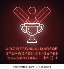 Cricket championship neon light icon. Sport competition. Winner trophy. Champion cup, bat, ball. League competition. Glowing sign with alphabet, numbers and symbols. Vector isolated illustration