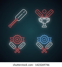 Cricket championship neon light icons set. Sport tournament. Bat, champion cup, win, defeat. League competition. Sport contest. Bat and ball team game. Glowing signs. Vector isolated illustrations