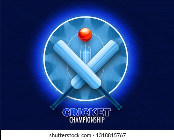 Cricket Championship Poster Or Banner Design With Top View Of Cricket Pitch With Crossed Bats And Ball On Blue Background.