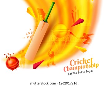 Cricket Championship Poster with Bat, Ball and Golden Trophy on Golden Background.