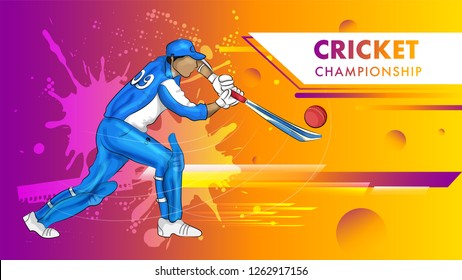 Cricket championship poster with batsman hitting the ball on colorful shiny background.